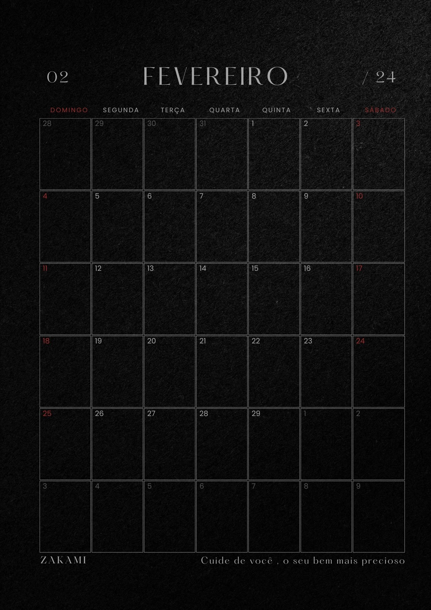 Calendário 2024 Dark Mode digital A4